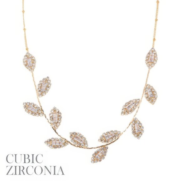 Cz Pave Leaf Chain Necklace - Picture 1 of 2